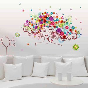 Kobieta Kwiat DIY Winylowe Naklejki Ścienne Butterfly Sypialnia Pokój Home Decor Art Naklejki 3D Tapeta Dekoracja Adesivo de Parede 210420