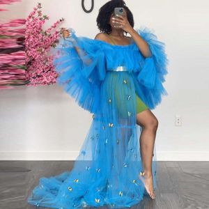 Blue Mint Yellow Tulle Party Dress Women Robes With Butterfly Puffy Sleeves Front Slit Illusion Photo Shoot Maternity Prom Gown Plus Size Evenins Gowns