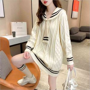 Mid-Length Sweater Women Loose Outer Wear Navy Style Korean Western Höst Strikkad Klänning Trend 210427