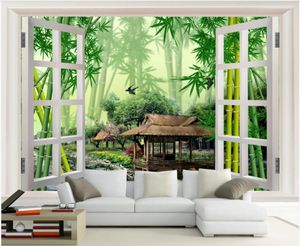 Wallpapers Mural personalizado no papel de parede 3d janela cenário bambu cabana fluxo de água Decoração PO papel de parede na sala de estar