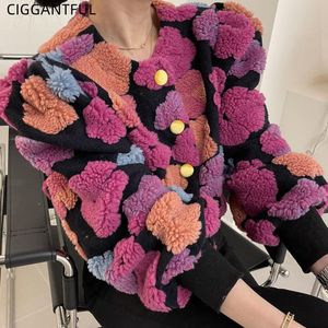 Damenjacken Vintage Warm Beflockung Blumen Einreiher Lose Laternenärmel Lammhaar Kurzmantel Frauen Koreanische Crop Jacke Frühling Herbst