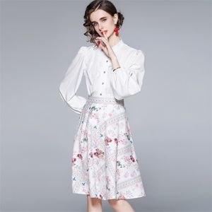 Donne eleganti 2 pezzi set moda dolce ruffles a maniche a soffio maglietta bianca top + vita alta stampata floreale midi skirt vestito 210519