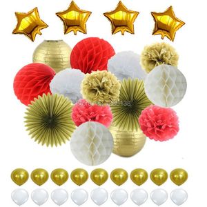 Party Decoration Red White Gold Tissue Paper Pom Poms Honeycomb Balls Lanterns Fan Foil Starlatex Ballonger För Bröllopsarskyla