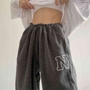 BigGorange Gri Koşu Sweatpants Kadın Kore Boy Vintage Joggers Spor Pantolon Baggy Pantolon Mektup Harajuku Pantolon 210925