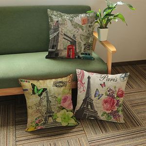 Decorative Cushion Cover Eiffell Tower Throw Pillowcases 18" Vintage Cotton Linen Square Pillow Sofa Home Decor Cushion/Decorative