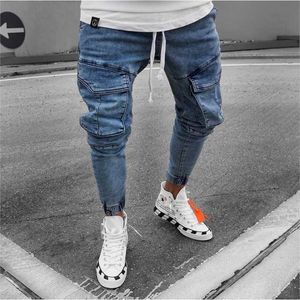 Mens jeans med sidofickor denim män byxor smal passform jeans män slim elastiska midja byxor calca motociclista 211104