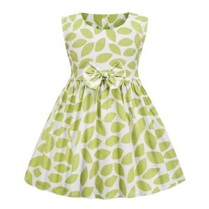 2021 Summer Europe Style Girls dresses 100%Cotton Pricess Party Leaf Print Fashion Bow Sleeveless Kids Clothing Casual Wear Q0716