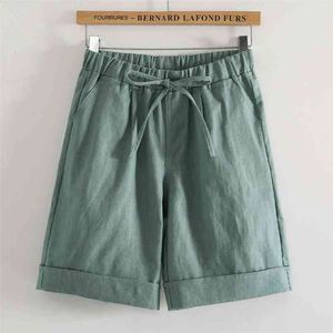 Summer Korea Fashion Women Knee Length Pants Plus Size Elastic Waist Loose Casual Straight Solid cotton linen D157 210512
