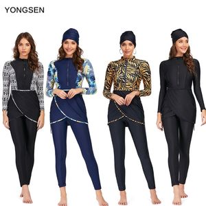 yongsenの女性のプラスサイズのイスラム教徒の水着の週の控えめな服イスラムの長袖イスラム教徒のハイハブのフルカバー水着210611