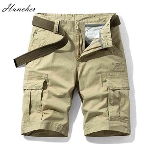 Huncher Cargo Shorts Mens Solid Sidofickor Taktisk Kort Byxor Casual Militär Jogging Khaki Plus Storlek för Män 210716