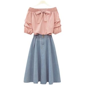 L-4XL plus size fashion women's suit summer one-neck sweet blouse + denim skirt two-piece 210520