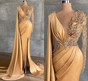 Vintage Gold Long Sleeve Evening Dresses Formal Occasion Women Dress Mermaid V Neck Sexy Beads Sequined Party prom Gowns