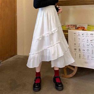 Algodão Branco e Linho Irregular Ruffle Long Skirt Mulheres Verão Plissado Meninas Adolescentes Vintage Moda Coreana Midi Saia 210421