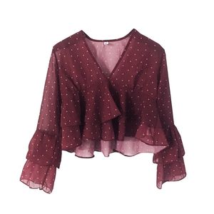 Donne Chiffon V Neck Flare Sleeve 3/4 Breve volant Vino Rosso Polka Dot Top Blouse B0194 210514