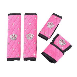 4PCS/Set Car Handbrake Hand Brake Cover Gear Shift Knob Cover Auto Seat Belt Covers Crown Decor Pink Purple