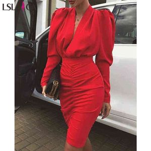 LSLACA Bayan Yeni Parti Elbise Sokak Hipster Kırmızı V Yaka Kabarcık Uzun kollu Moda Mizaç Ince Bodycon Elbise Sonbahar G1214