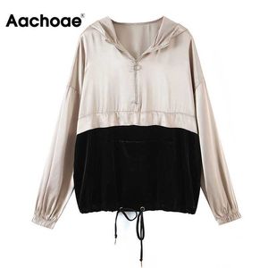 Aachoae Women Patchwork Hooded Hoodies Autumn Spring Batwing Long Sleeve Loose Velvet Sweatshirt Zipper Fashion Ladies Tops Y0820