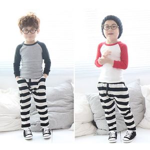 Grey Stripe Boys Harem Calças Kids Outono Botas Calças Crianças Esporte Calça 100% Algodão Outerwear Moda T 210413