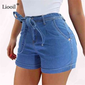 Liooil damer kort jeans bomull blå jean shorts höga midja kvinnor sommar spetsfickor sexig denim kvinna 210722