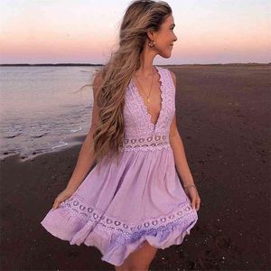 Mode blanc violet dentelle robe femmes évider Boho plage Style été court Chic vacances Mini Vestido 210427