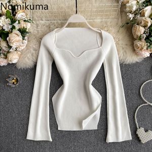 Nomikuma Jesień Nowy Pullover Knitwear Elegancki Kołnierz Kołnierz Długi Rękaw Solid Slim Dzianiny Topy Kobiety Podstawowe bluzy 6C232 210427