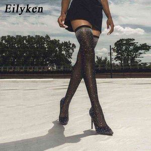 Eilyken 2022 fashion runway cristal trecho tecido peúga botas ponta pontudo de pé de ponta do joelho coxa de alto pointed toe boot y1125