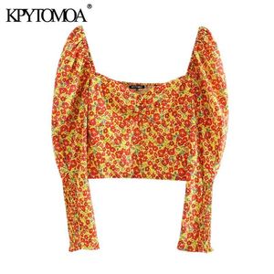 Women Sweet Fashion Floral Print Cropped Blouses Puff Sleeves Back Stretchy Female Shirts Blusas Chic Tops 210420