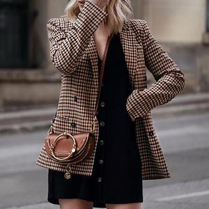 Vintage Frau Karierten Anzug Blazer Mode Damen Herbst Casual Elegante Jacke Femal Zweireiher Mantel 210515