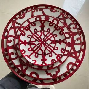 赤い色のセラミックプレートの食器皿装飾的な骨中国ディナーセットステーキデザート食器卸売