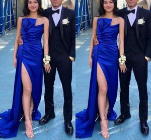 Sexy Simple Royal Blue Mermaid Evening Prom Dresses Satin Long High Side Slit Sweep Train Zipper Back Formal Dress Robes de Soirée for Wome Vestidos De Fiesta robe dubai