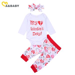 0-18m Benim 1. Sevgililer Günü Doğan Bebek Kız Giysileri Set Yaz Sevimli Bebek Mektubu Romper + Pantolon Kafa Kıyafetler 210515