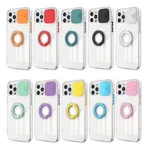 Estuches para teléfonos móviles para iPhone 14 Pro Max 13 Mini 12 11 XS XR X 8 7 Plus SE Candy Lente deslizante Cámara a prueba de golpes Transparente Transparente Cubierta de acrílico duro con soporte