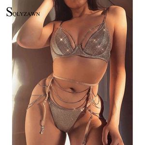 Sexy Shiny Rhinestone Diamond Bra Set Temptation Lace Women Underwear Hollow Push Up Bra+Through+Garter 3-piece Lingerie Club X0526