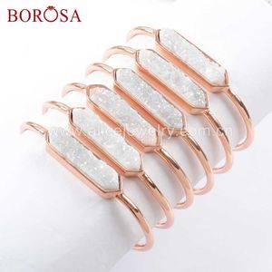 Borosa 5 sztuk Sześciokąt Rose Gold Color Bezel Titanium Rainbow Druzy Bar Bangle Natural AB Drusy Bransoletka Biżuteria dla kobiet ZR0274 Q0720