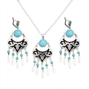 Earrings & Necklace Pendant Drop Earring Set 2 Color Antique Tibetan Tribe Ethnic Charm Women Engagement Jewelry Set.