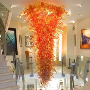 Staircase Designer Glass Pendant Lamps Large Orange Color American Style Hand Blown Glass Chandelier Light for Hotel Foyer High Ceiling Art Deco 40 by 120 Inches