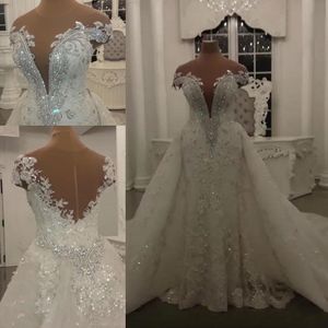 Ultimi abiti da sposa con spalle scoperte con strascico staccabile Plus Size Crystal Bead IIIusion Back sirena Abiti da sposa