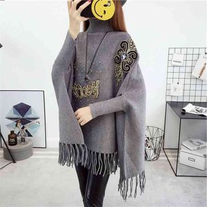 Autumn And Winter Bat Shirt Loose Beaded Sweater High Collar Cloak Shawl Jacket Tassel Female 210427