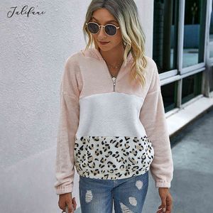 Sweatshirt Fashion Pink Stitching Leopard Print Patchwork Zip Up Tops Pullover Pastel Clothes For Women Fall Autumn Winter 210415