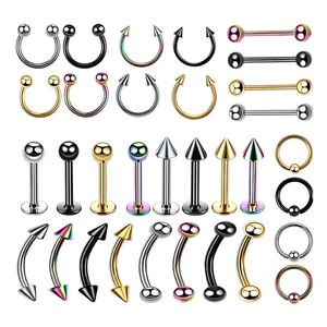 32PCS Professionell Piercing Kit Rostfritt stål 14g 16g Belly Tongue Tragus Nippel Lip Nose Ring Body Smycken