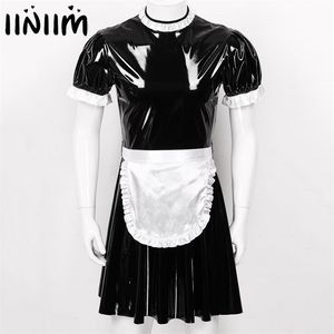 Mens Many Sissy Med горничные платье косплей костюм Clubwear короткий слойный рукав WetLook Latex Dank Store Forered с фартуком 211223