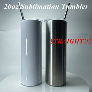 Blank Sublimation Tumbler 20oz STRAIGHT skinny tumbler Straight Cups Stainless Steel slim Insulated Tumbler Beer Coffee Mugs Rubber bottom