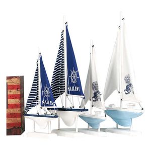 Home Decor Wood White SailBoat Figurki Mediterrerean Styl Drewniany Stripe Statek Office Desktop Miniaturowe Żeglarstwo morskie 210804