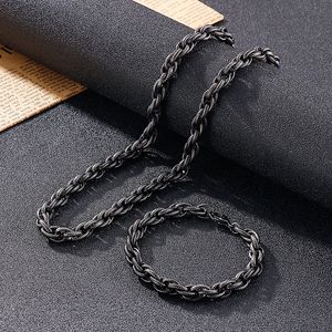 Mens Cool Jewelry Set Necklace + Bracelet Boiled Black Stainless Steel Rope Link Embossing Twist Chain 8mm 24 inch +8 in