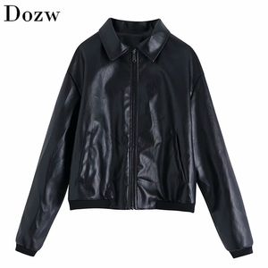 Mode Svart Färg PU Läder Coat Kvinnor Slå ner Krage Zipper High Street Jacket Långärmad Dam Toppar Chaqueta Mujer 210515