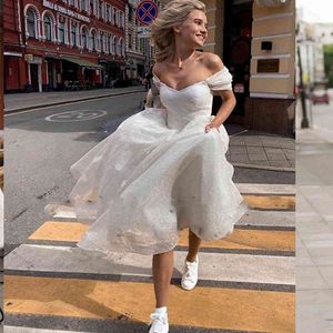 Elegant Ankle- Length Short Wedding Dresses Boho White Ivory Tulle Satin Beach Robe De Mariee Princess Tiered Bridal Gowns