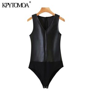 Kobiety Sexy Fashion Faux Skórzane Patchwork Skinny Body W Rocznika V Neck Powrót Zipper Kobiet Playsuits Mujer 210416