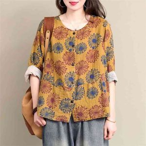 Spring Arts Style Women Long Sleeve Loose O-neck Coat Cotton Linen Vintage Print Single Breasted Coats Femme Tops M297 210512