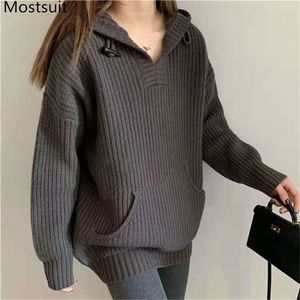 Gruby ciepły dzianiny sweter sweter sweter kobiety pełny rękaw kieszeń koreańska rocznika samice bluzy topy femme 210513