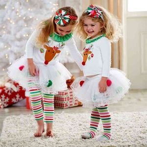 Julkläder Baby Kid Tjej Kläder Ställ Barn Xmas Set Reindeer Topps Tutu Kjolar Klänning Outfits Costuems 210515
